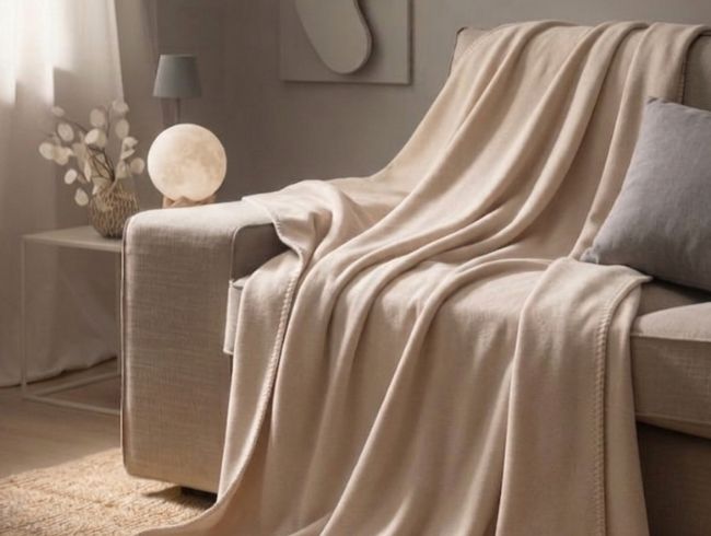 Wohndecke Trevi in hellem Beige weich fallend über Sofa in gemütlichem Wohnbereich