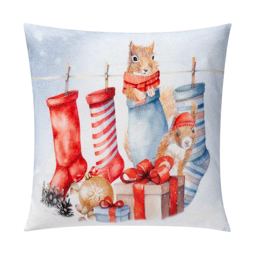 Dekokissenbezug mit Motiv (Weihnachtssocken und Eichhörnchen)