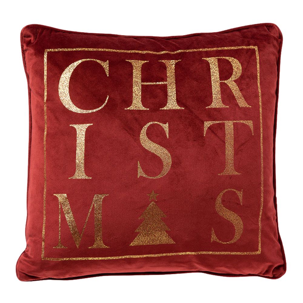 Rotes Weihnachtskissen mit goldenen Schriftzug 