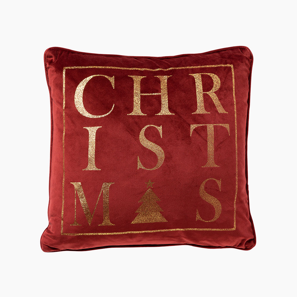Weihnachtskissen in edlen rot mit goldenen Schriftzug Christmas
