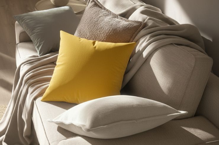 Dekokissenbezug Boston und Velvet schön angerrichtet auf Couch