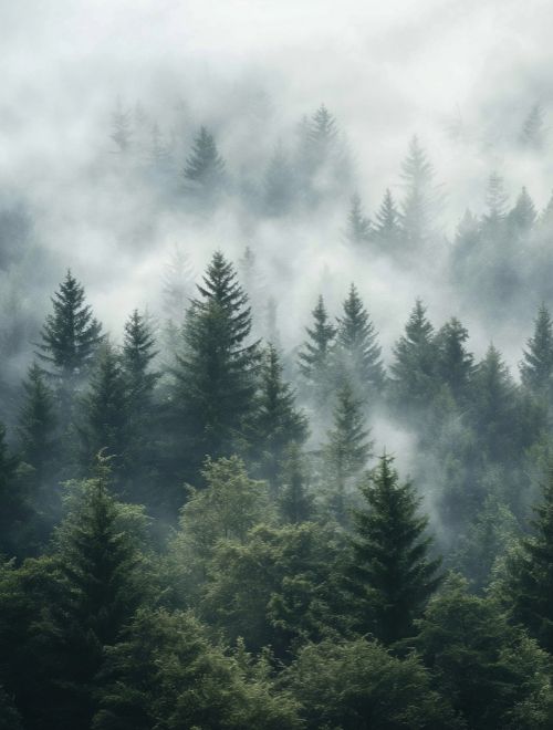 Moodbild Natural Retreat: Nebeliger Nadelwald